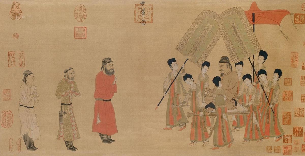 Emperor Taizong Receiving the Tibetan Envoy_ depicts the meeting of Emperor Taizong of the Tang Dynasty (618–907) and Ludongzan, Gar Tongtsen Yulsung, an envoy sent by Songtsan Gampo (617–650), the ruler of Tibet, to accompany Princess Wencheng back to Tibet to be his queen. Yan Liben (601–673), the artist who created this painting, was one of the most revered Chinese figure painters in the early years of the Tang Dynasty